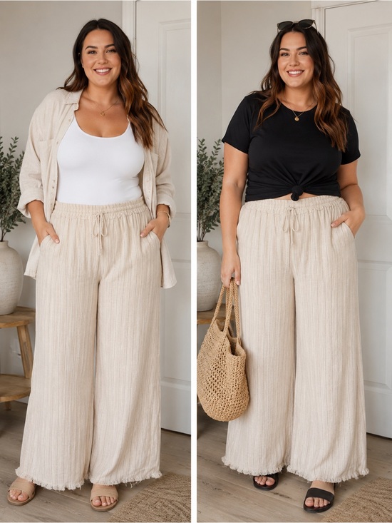 Pink Lily Pants - Pink Lily Cream Wide-Leg Linen Blend Pants